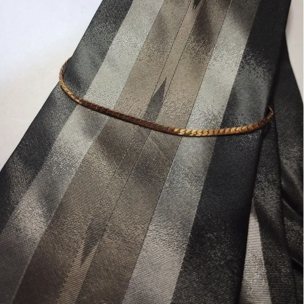 Giorgio Brutini Collezione Men Silk Necktie Black Grey Striped Gold Chain Accent